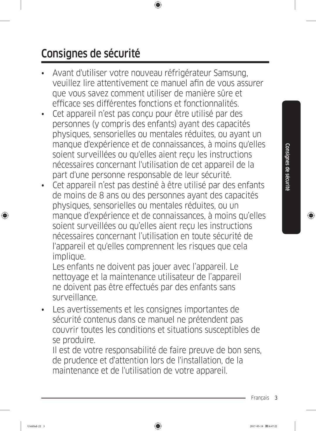 Samsung RB38K7998S4/EF manual Consignes de sécurité, Français  